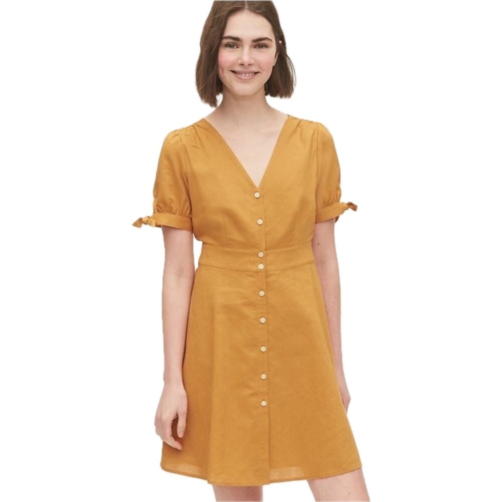Gap Linen V-Neck Dress Women's S Desert Sunset Gold, Tie Sleeve NWT